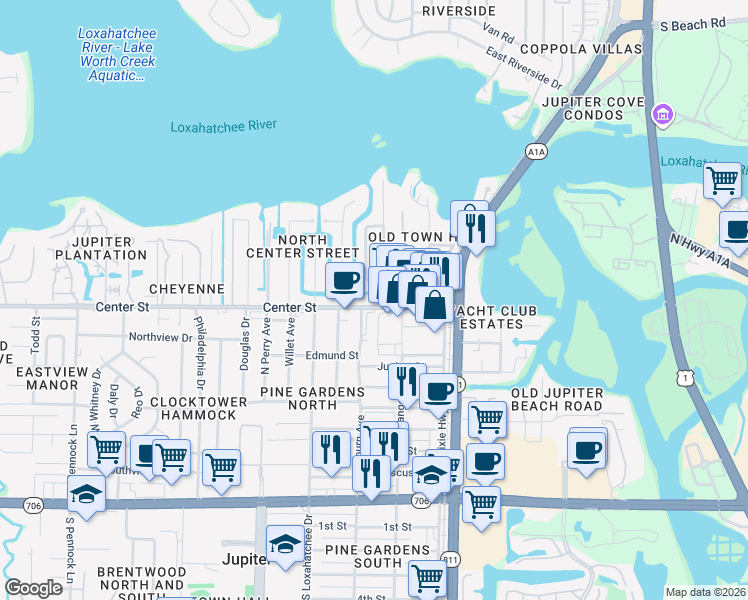 map of restaurants, bars, coffee shops, grocery stores, and more near 245 Center Street in Jupiter