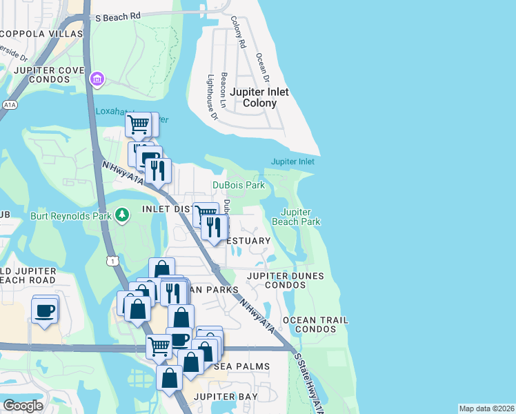 map of restaurants, bars, coffee shops, grocery stores, and more near 18030 Dubois Lane in Jupiter