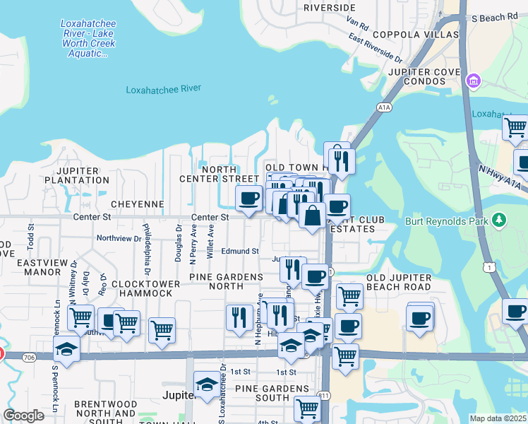 map of restaurants, bars, coffee shops, grocery stores, and more near 249 Center Street in Jupiter