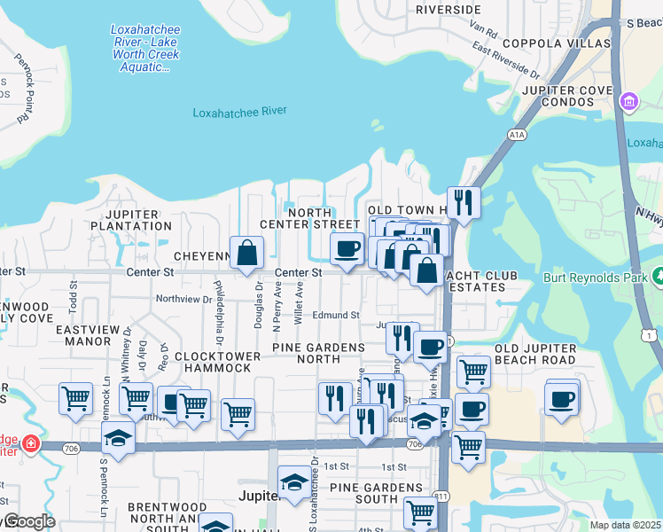 map of restaurants, bars, coffee shops, grocery stores, and more near 353 Center Street in Jupiter