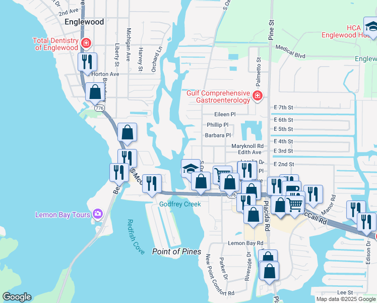 map of restaurants, bars, coffee shops, grocery stores, and more near 1230 Maryknoll Road in Englewood