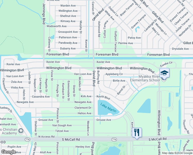 map of restaurants, bars, coffee shops, grocery stores, and more near 12337 Buffing Road in Port Charlotte