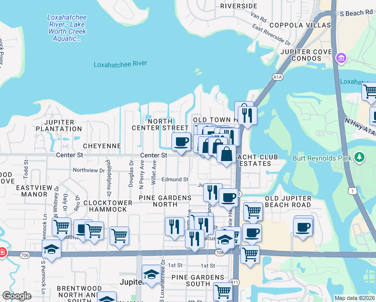 map of restaurants, bars, coffee shops, grocery stores, and more near 305 Center Street in Jupiter