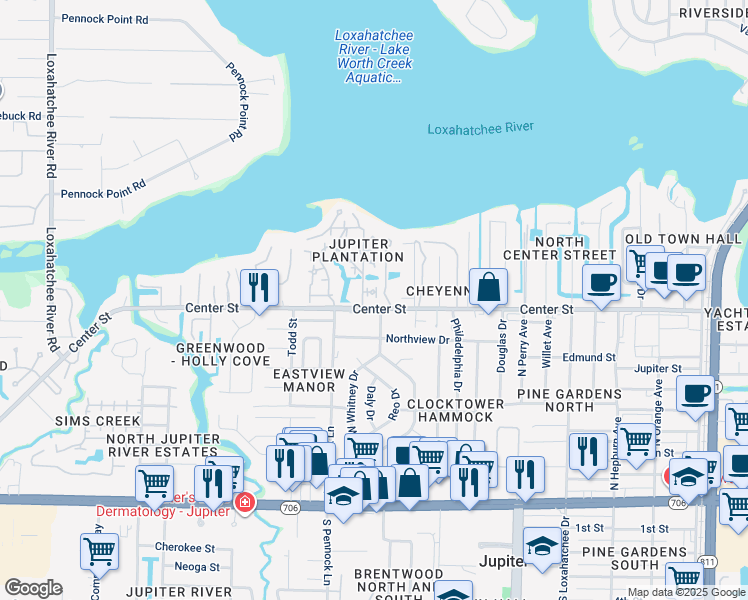 map of restaurants, bars, coffee shops, grocery stores, and more near 825 Center Street in Jupiter