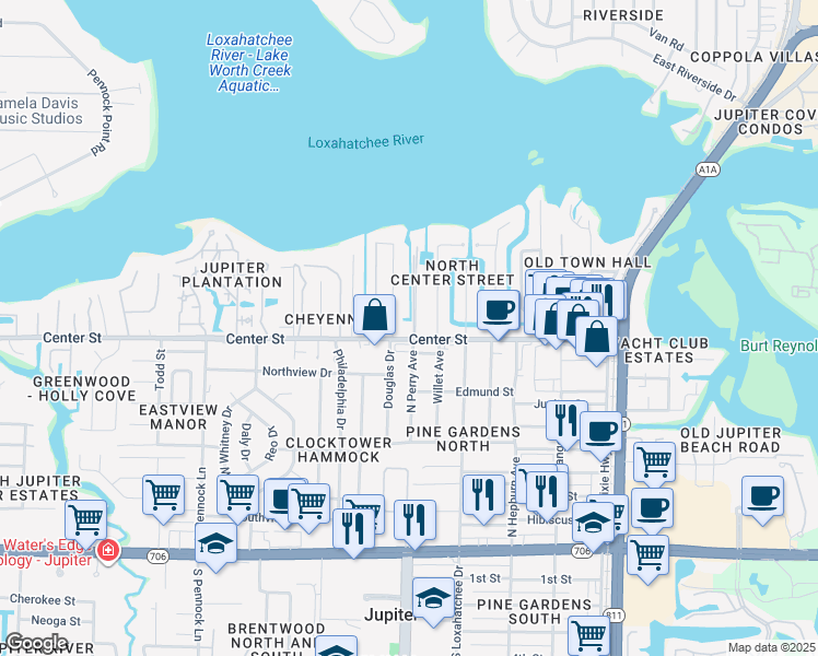 map of restaurants, bars, coffee shops, grocery stores, and more near 430 Center Street in Jupiter