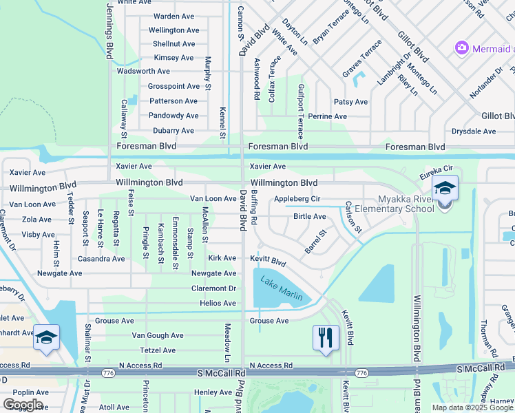 map of restaurants, bars, coffee shops, grocery stores, and more near 12337 Buffing Road in Port Charlotte