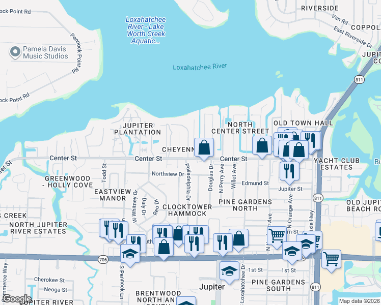 map of restaurants, bars, coffee shops, grocery stores, and more near 819 Philadelphia Drive in Jupiter