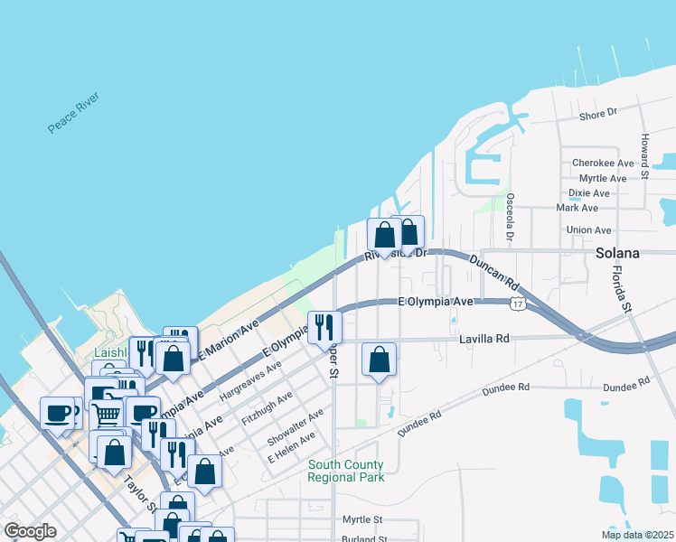 map of restaurants, bars, coffee shops, grocery stores, and more near 2521 East Marion Avenue in Punta Gorda