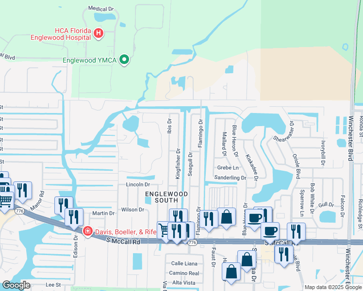 map of restaurants, bars, coffee shops, grocery stores, and more near 1314 Kingfisher Drive in Englewood