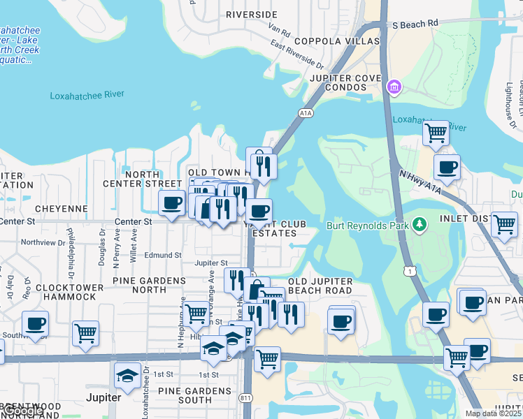 map of restaurants, bars, coffee shops, grocery stores, and more near 33 East Center Street in Jupiter