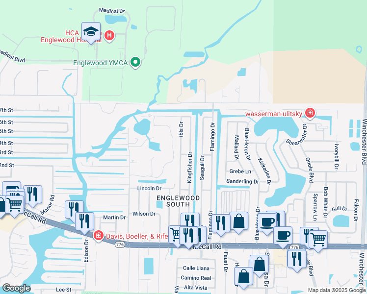 map of restaurants, bars, coffee shops, grocery stores, and more near 1282 Kingfisher Drive in Englewood