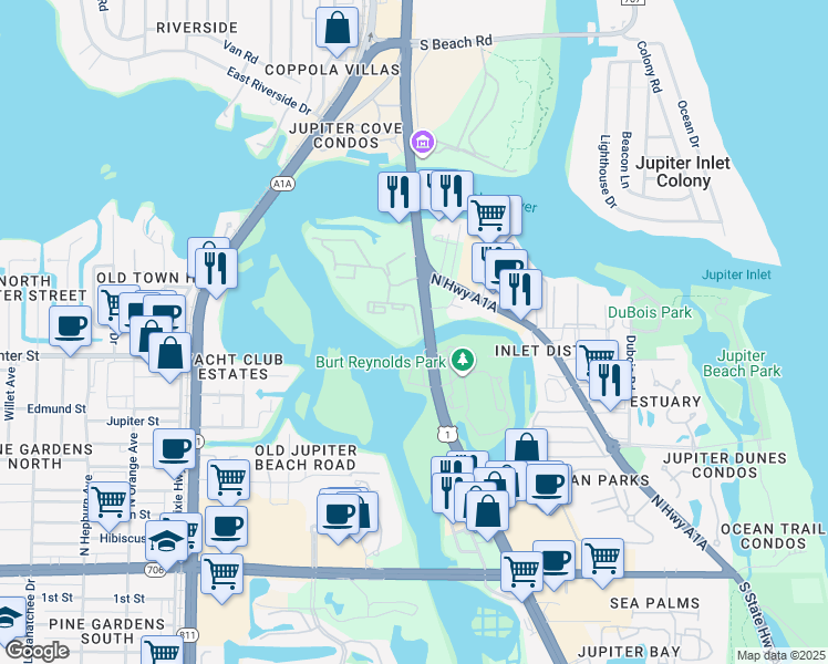 map of restaurants, bars, coffee shops, grocery stores, and more near 1000 U.S. 1 in Jupiter