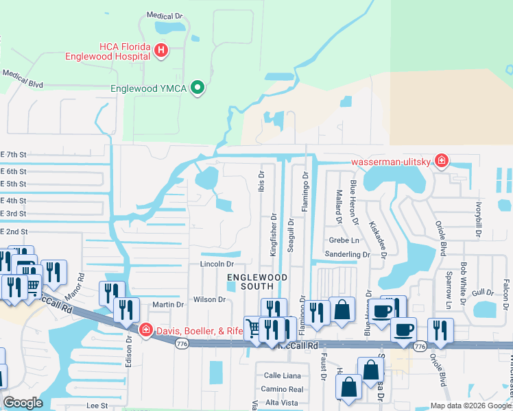 map of restaurants, bars, coffee shops, grocery stores, and more near 1280 Ibis Drive in Englewood
