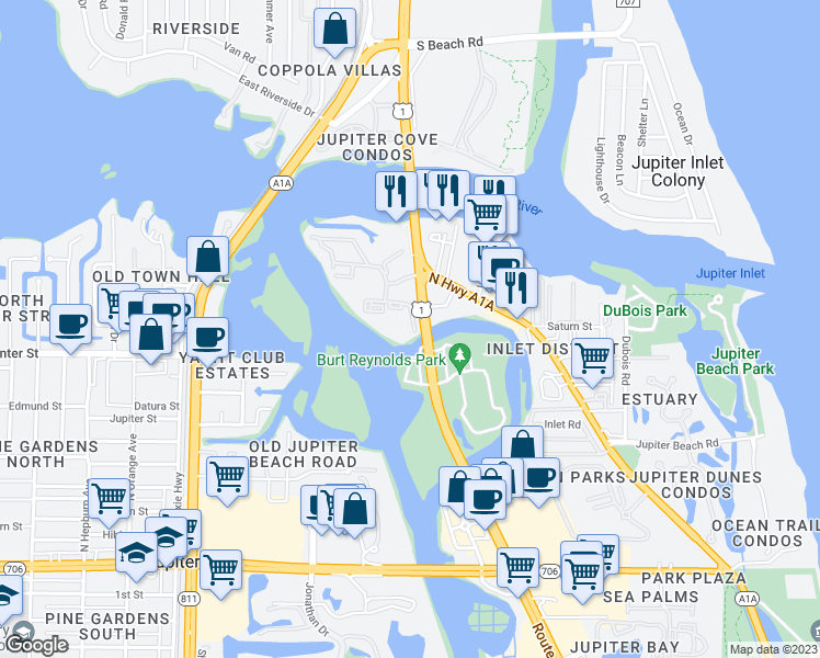 map of restaurants, bars, coffee shops, grocery stores, and more near 1000 U.S. 1 in Jupiter