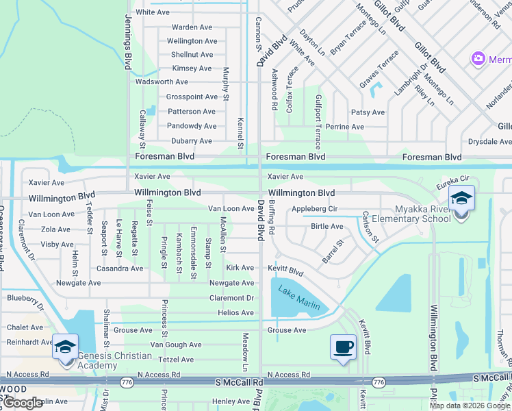 map of restaurants, bars, coffee shops, grocery stores, and more near 11779 Willmington Boulevard in Port Charlotte
