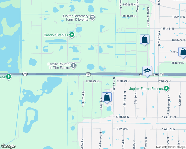 map of restaurants, bars, coffee shops, grocery stores, and more near 17998 132nd Drive North in Jupiter