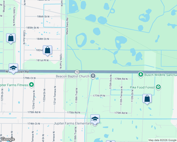 map of restaurants, bars, coffee shops, grocery stores, and more near W Indiantown Rd & Haynie Ln in Jupiter