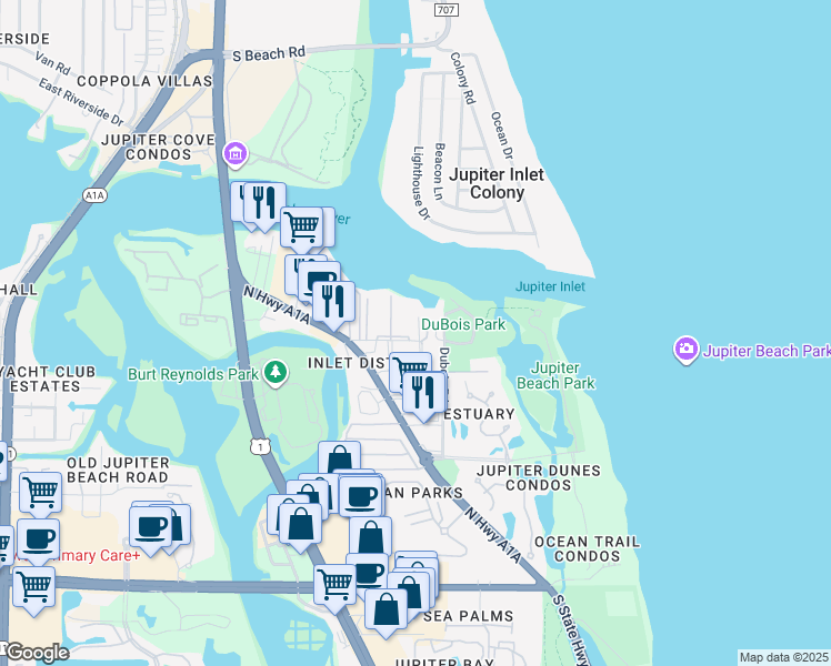 map of restaurants, bars, coffee shops, grocery stores, and more near 851 Saturn Street in Jupiter