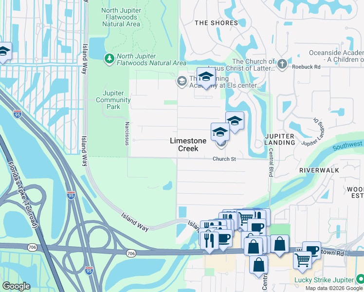 map of restaurants, bars, coffee shops, grocery stores, and more near 18094 Limestone Creek Road in Jupiter