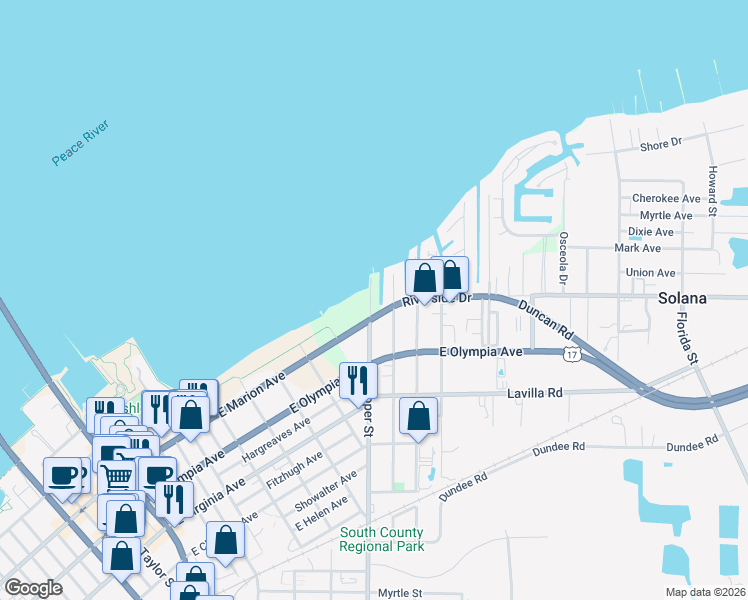 map of restaurants, bars, coffee shops, grocery stores, and more near 880 East Marion Avenue in Punta Gorda