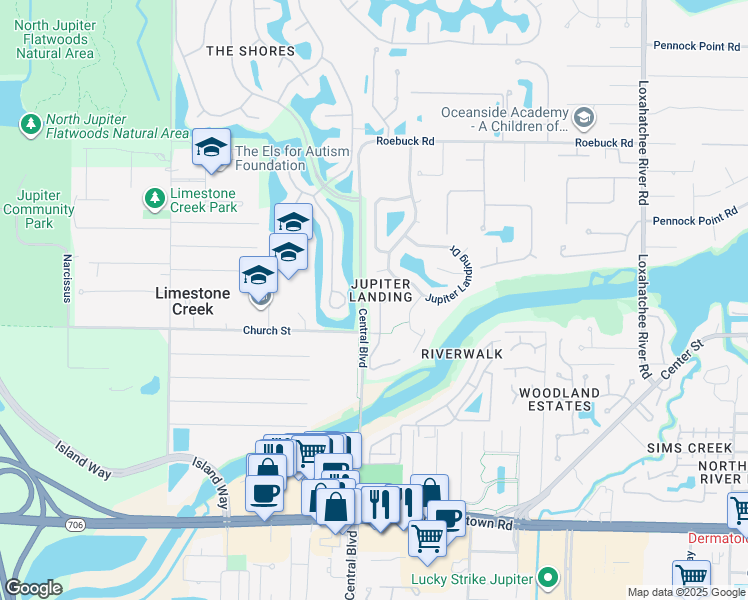 map of restaurants, bars, coffee shops, grocery stores, and more near 134 Shores Pointe Drive in Jupiter