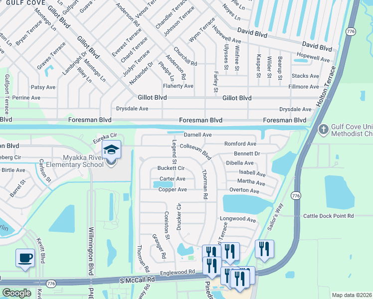 map of restaurants, bars, coffee shops, grocery stores, and more near 6259 Coliseum Boulevard in Port Charlotte