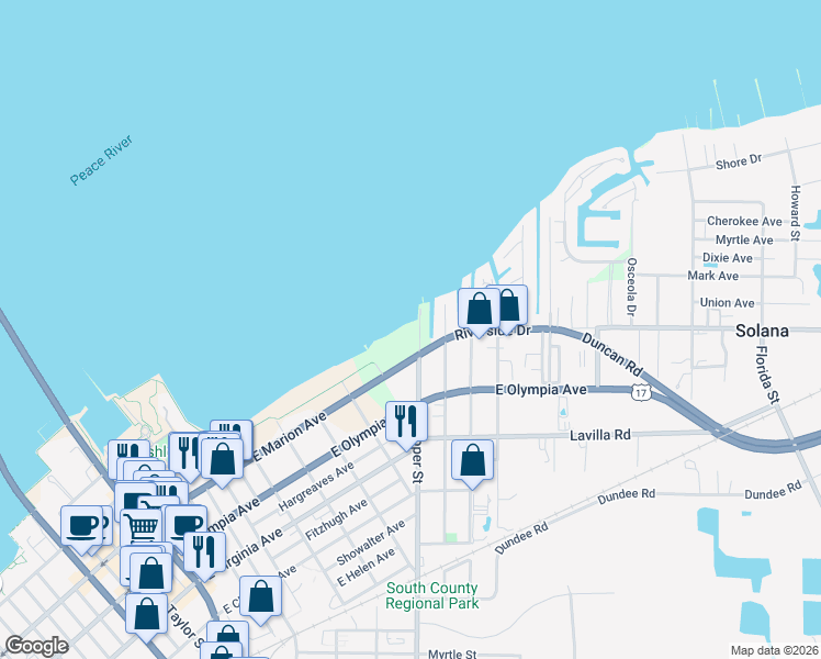 map of restaurants, bars, coffee shops, grocery stores, and more near 880 East Marion Avenue in Punta Gorda