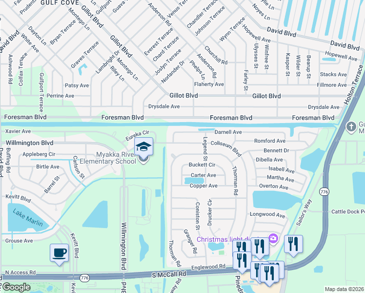 map of restaurants, bars, coffee shops, grocery stores, and more near 6153 Coliseum Boulevard in Port Charlotte