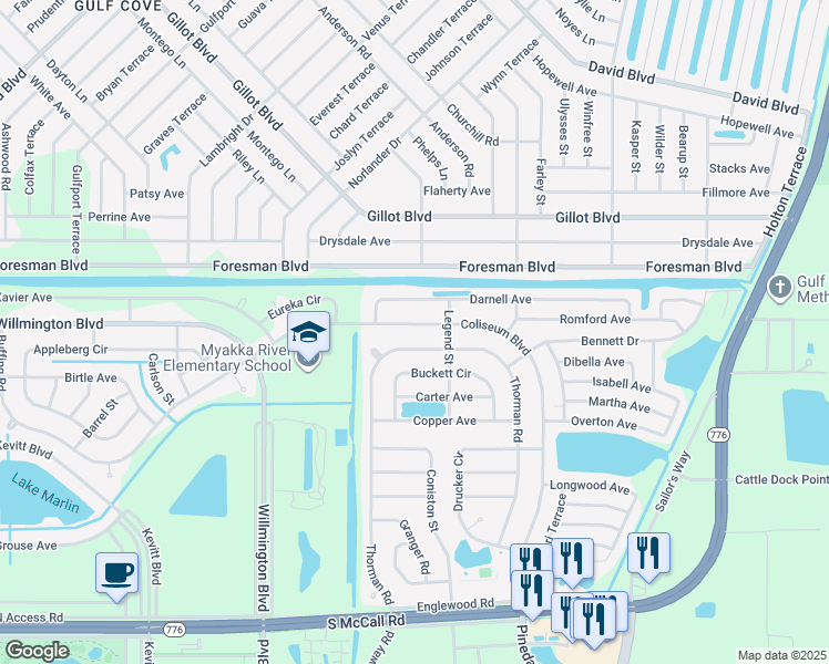 map of restaurants, bars, coffee shops, grocery stores, and more near 6185 Coliseum Boulevard in Port Charlotte
