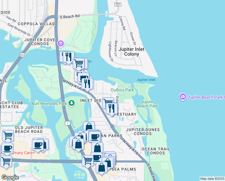 map of restaurants, bars, coffee shops, grocery stores, and more near 851 Saturn Street in Jupiter