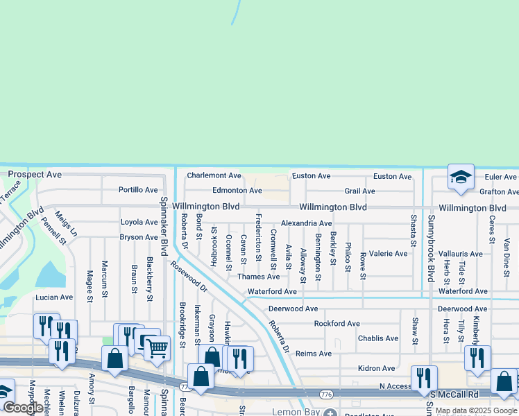 map of restaurants, bars, coffee shops, grocery stores, and more near 6100 Fredericton Street in Englewood
