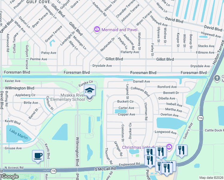 map of restaurants, bars, coffee shops, grocery stores, and more near 6153 Coliseum Boulevard in Port Charlotte