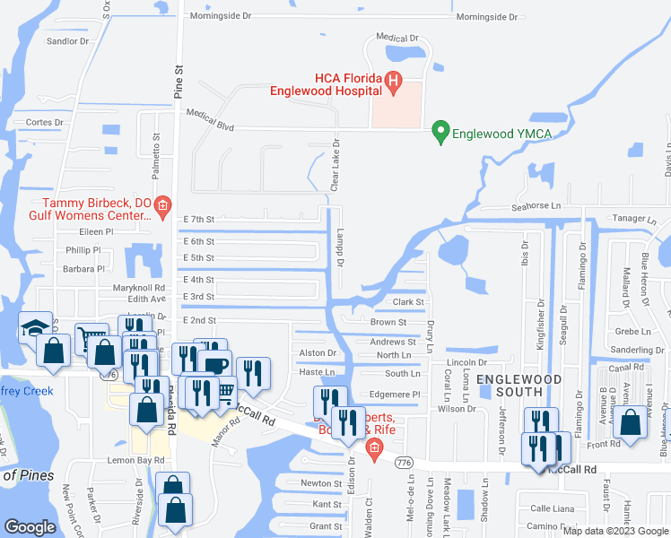 map of restaurants, bars, coffee shops, grocery stores, and more near 1120 Lampp Drive in Englewood
