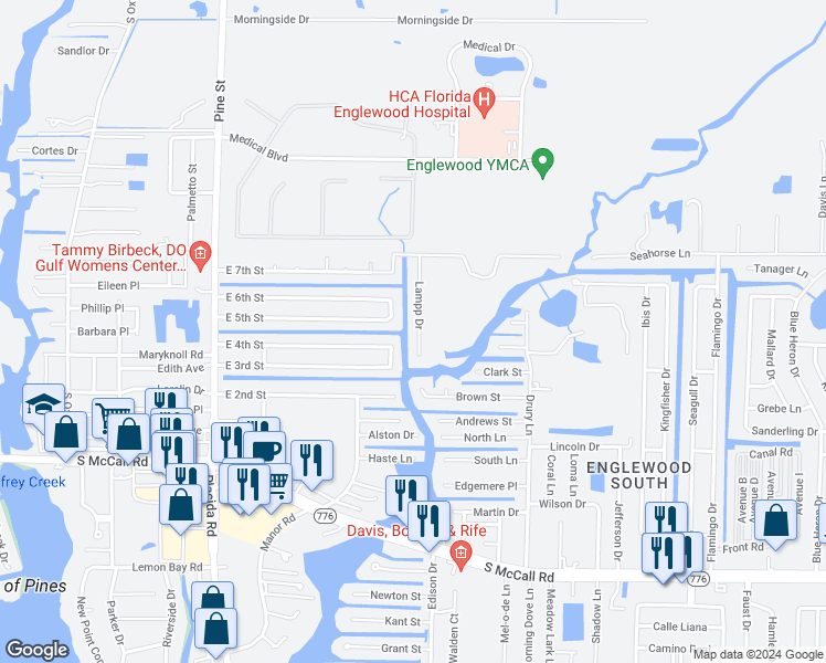 map of restaurants, bars, coffee shops, grocery stores, and more near 1120 Lampp Drive in Englewood