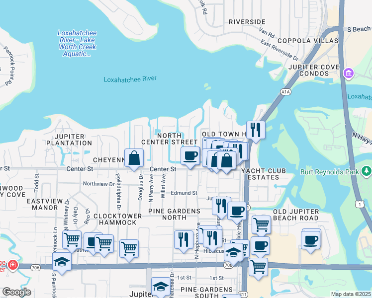 map of restaurants, bars, coffee shops, grocery stores, and more near 920 Dolphin Drive in Jupiter