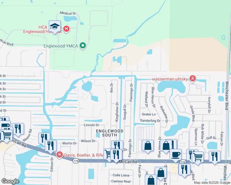 map of restaurants, bars, coffee shops, grocery stores, and more near 1282 Kingfisher Drive in Englewood