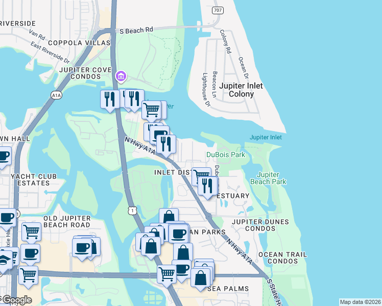 map of restaurants, bars, coffee shops, grocery stores, and more near 755 Saturn Street in Jupiter