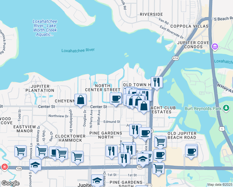 map of restaurants, bars, coffee shops, grocery stores, and more near 920 Dolphin Drive in Jupiter