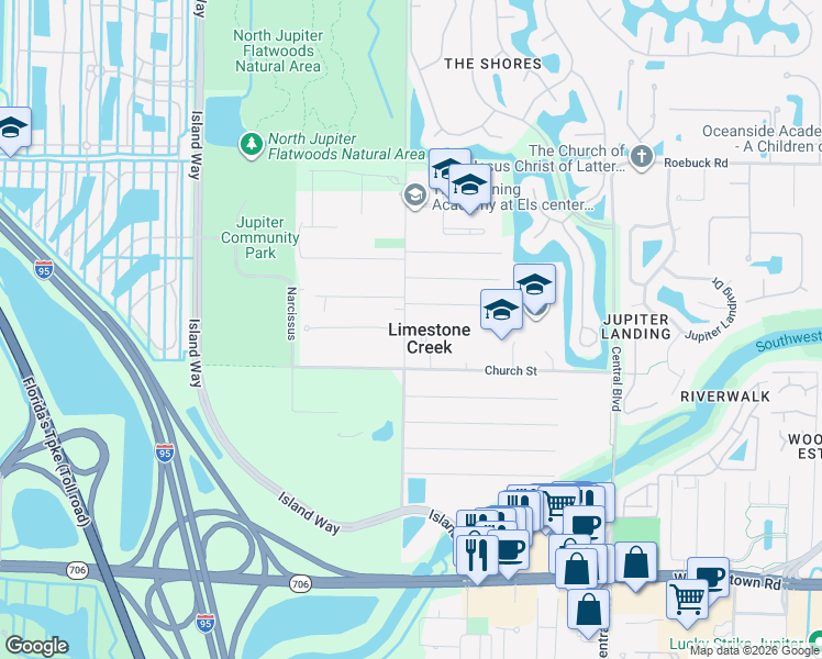 map of restaurants, bars, coffee shops, grocery stores, and more near 18094 Limestone Creek Road in Jupiter