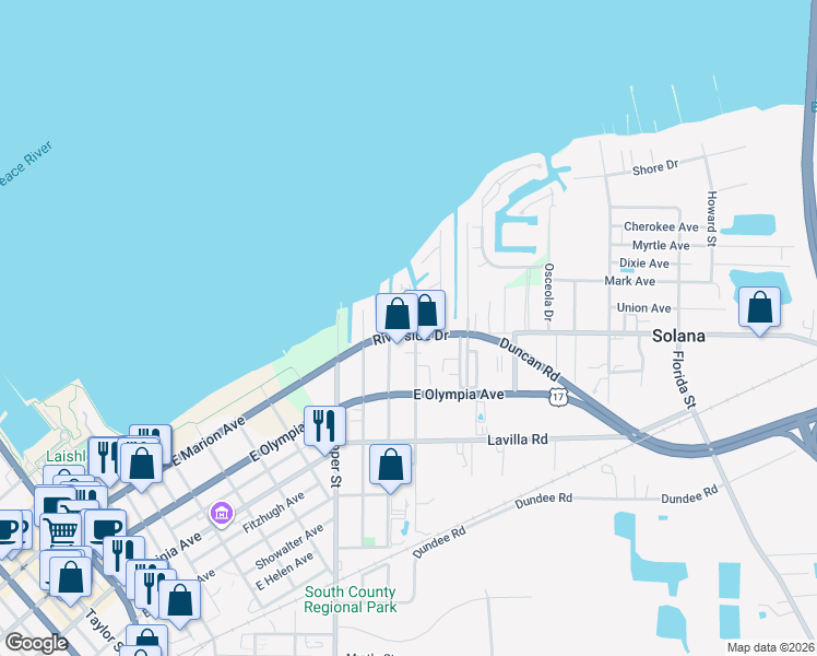 map of restaurants, bars, coffee shops, grocery stores, and more near 25096 Riverside Drive in Punta Gorda