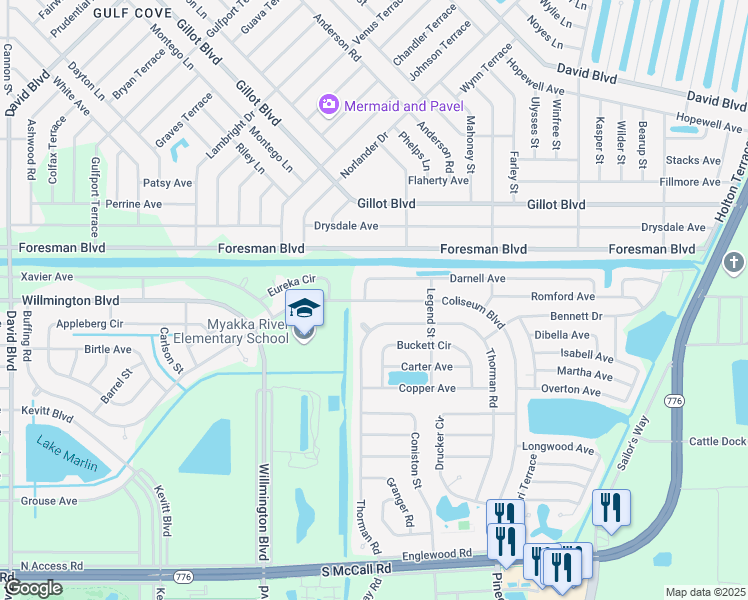 map of restaurants, bars, coffee shops, grocery stores, and more near 6152 Coliseum Boulevard in Port Charlotte