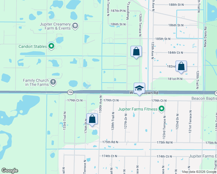 map of restaurants, bars, coffee shops, grocery stores, and more near 18075 128th Trail North in Jupiter