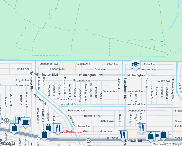 map of restaurants, bars, coffee shops, grocery stores, and more near 10340 Willmington Boulevard in Englewood