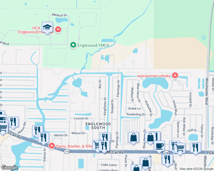map of restaurants, bars, coffee shops, grocery stores, and more near 1282 Kingfisher Drive in Englewood
