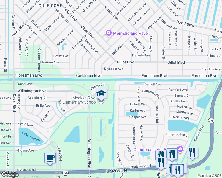 map of restaurants, bars, coffee shops, grocery stores, and more near 13224 Eureka Circle in Port Charlotte