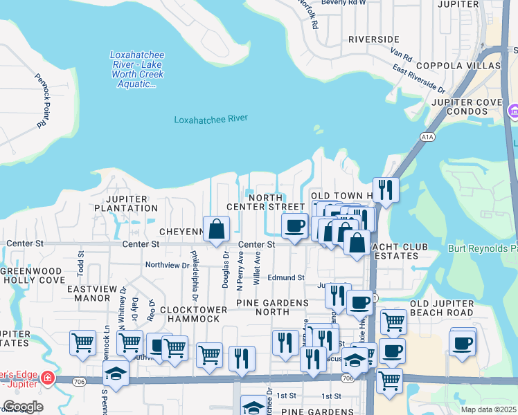 map of restaurants, bars, coffee shops, grocery stores, and more near 927 Pompano Drive in Jupiter