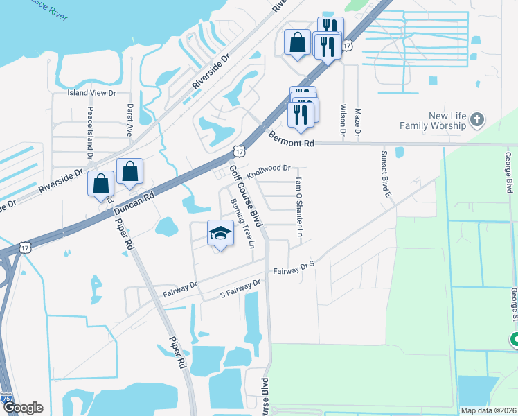 map of restaurants, bars, coffee shops, grocery stores, and more near 530 Burning Tree Lane in Punta Gorda