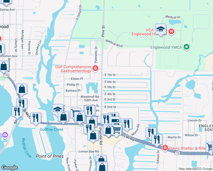 map of restaurants, bars, coffee shops, grocery stores, and more near 804 East 4th Street in Englewood