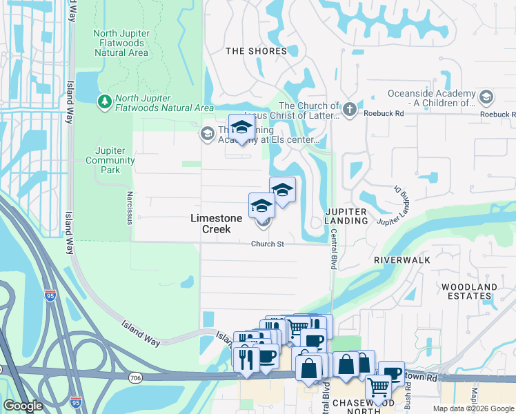 map of restaurants, bars, coffee shops, grocery stores, and more near 6776 Mitchell Street in Jupiter