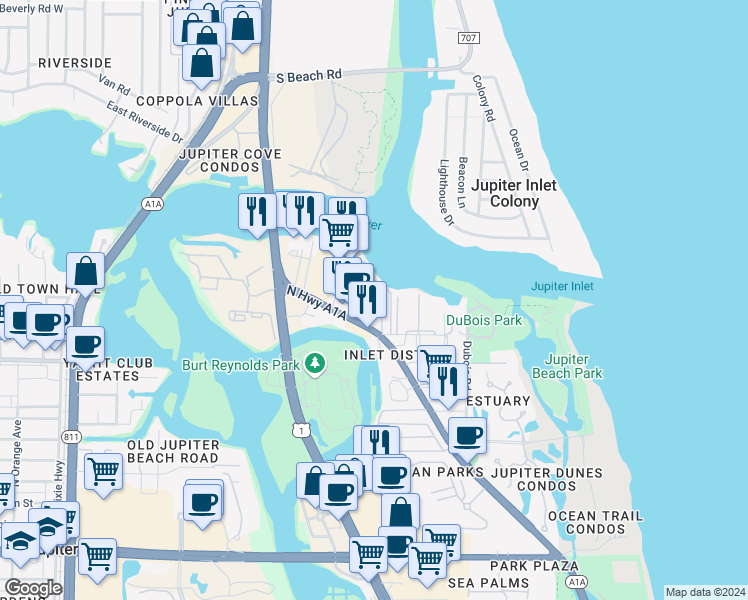 map of restaurants, bars, coffee shops, grocery stores, and more near 961 North Highway A1A in Jupiter